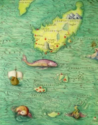 Islandia, z Atlasu Świata na 33 mapach, Wenecja, 1 września 1553 (tusz na welinie) (szczegół z 330951)
